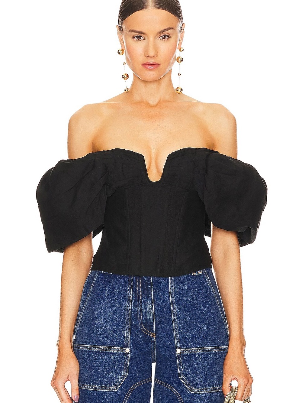 Cult Gaia Off-Shoulder Black Puff Sleeve Corset Top